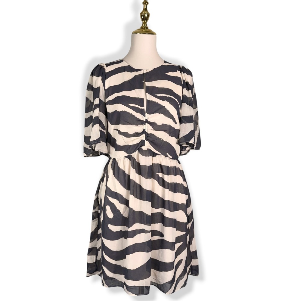 H&M‎ Zebra Print Chiffon Dress M Black Beige Cutout Butterfly Flutter Graduation